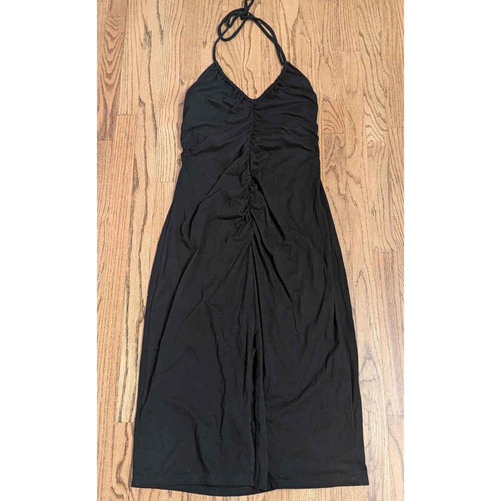 NWT Universal Thread Black Ruched Halter Dress Women's L Midi Slit Summer Casual